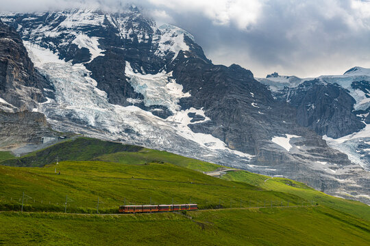 The Jungfrau railway below the Eiger North Face, Kleine Scheidegg, Bernese Oberland, Switzerland