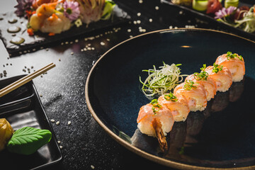 Perfect Sushi Japanese Asian Seafood Food Dish Menu Gourmet Restaurant Chef on Dark Background