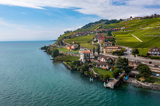Aerial of the Lavaux Vineyard Terraces, UNESCO World Heritage Site, Lake Geneva, Switzerland