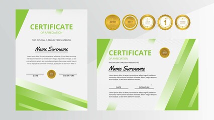 Gradient green luxury certificate with gold badge set For award, business, and education needs