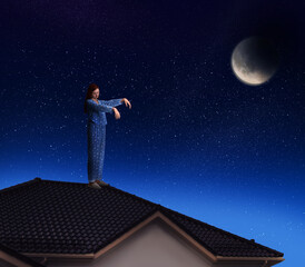 Fototapeta na wymiar Sleepwalker wearing pajamas on roof in night