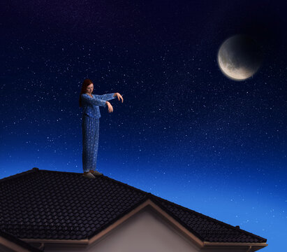 Sleepwalker wearing pajamas on roof in night