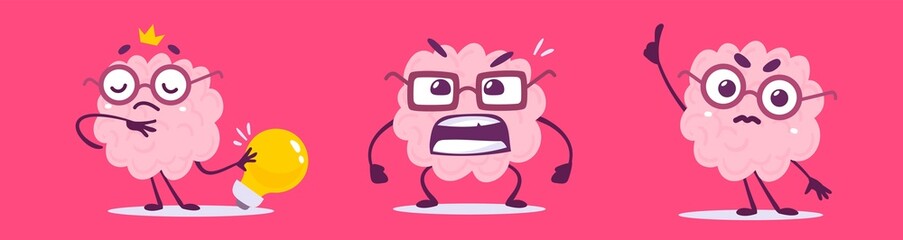 Vector set of creative illustration of happy and angry brain character in different pose. Flat doodle style knowledge concept design of emotional brain in glasses with light bulb
