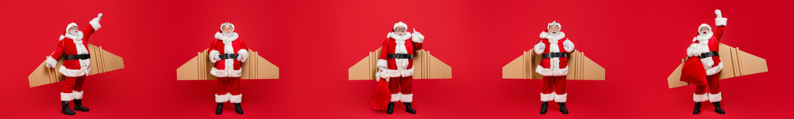 Five pictures composition of funky grandpa father xmas using eco tech wings shipping distance service leaving office elves rise up on red background