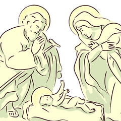 Birth of baby Jesus, image of the nativity scene, Christian religious holiday of Christmas.