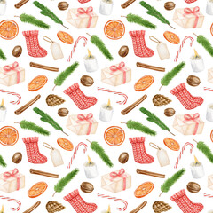 Watercolor Christmas seamless pattern. Hand painted christmas stocking, candle, candy cane, walnut, fir branch, gift box, dry orange isolated on white background. Vintage Christmas decor illustration