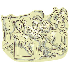 Birth of baby Jesus, image of the nativity scene, Christian religious holiday of Christmas.