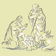 Birth of baby Jesus, image of the nativity scene, Christian religious holiday of Christmas.