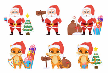 Santa Claus character vector set. Christmas and New Year illustration. Cartoon tiger greeting with Xmas. Wooden desk with lettering 2022