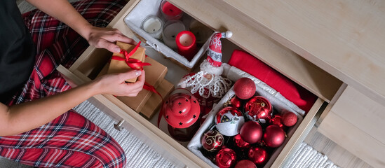 christmas, preparation and storage of gifts, decor, balls, candles,Christmas gift,gift box eco christmas holiday concept, Christmas gift wrapping, decor banner