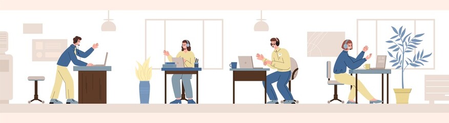 Customer support or call center with phone operators, flat vector illustration.