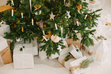 Christmas tree in Scandinavian style. Christmas interior in the children's room.