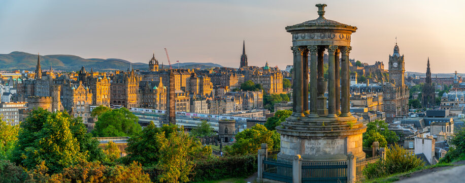 The Dugald Stewart monument on Calton Hill, Edinburgh city skyline in the background, UNESCO World Heritage Site, Edinburgh, Lothian, Scotland