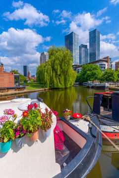 View Of Canal Boat And Contemporary Skyline From Castlefield, Castlefield Canal, Manchester