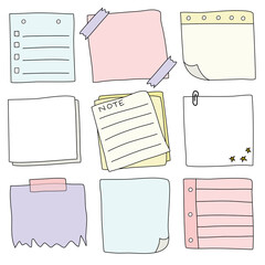 Hand drawn notepaper, doodle message sticky notes, paper note, vector illustration
