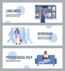 Help for women with depression and loneliness flyers, flat vector illustration.