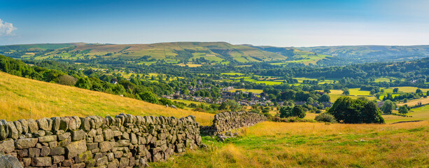 View of Bamford Village and dry stone wall from Bamford Edge, Peak District National Park, Derbyshire