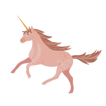 Pink unicorn in folk art style, vector illustration.