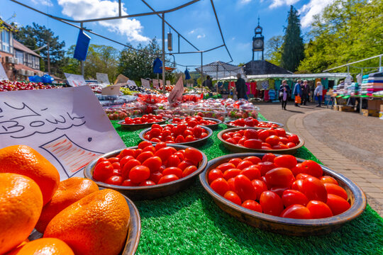 View of fruit market stall in Hall Leys Park in Matlock Town, Derbyshire