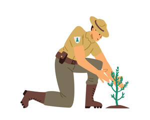 Ranger or forester monitors new plantings, flat vector illustration isolated.