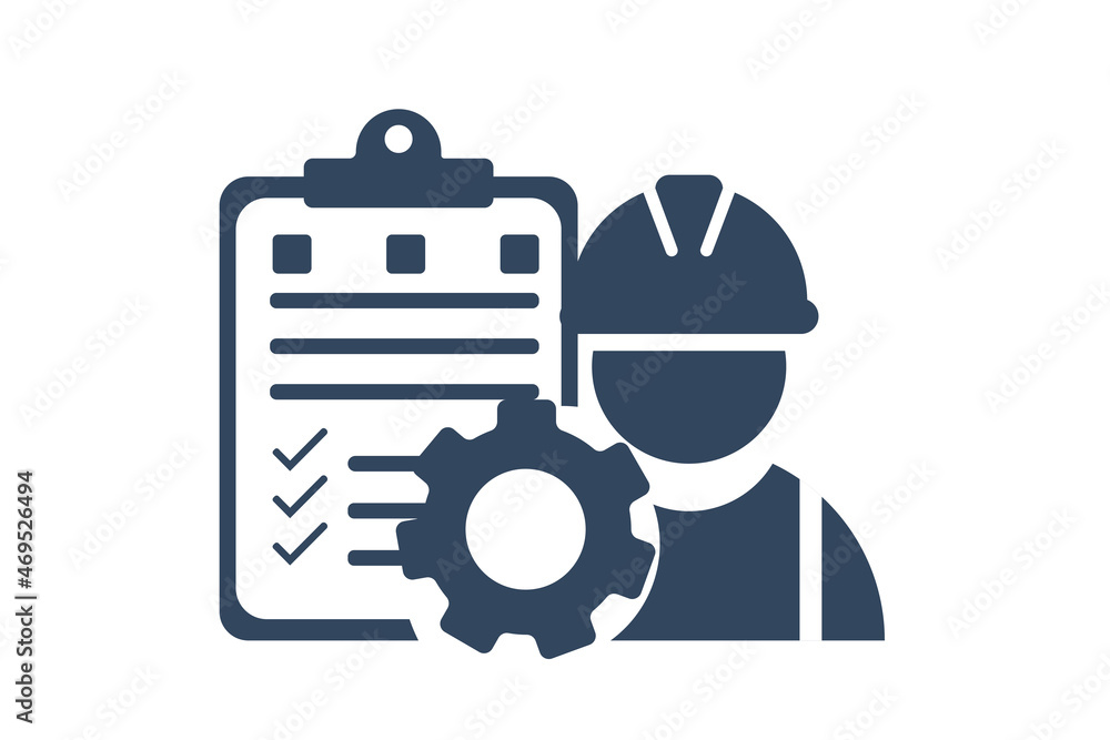 Poster civil engineer behind notebookcheck list and cogwheel on white background for website, application, 
