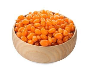 Fresh ripe sea buckthorn berries in bowl on white background