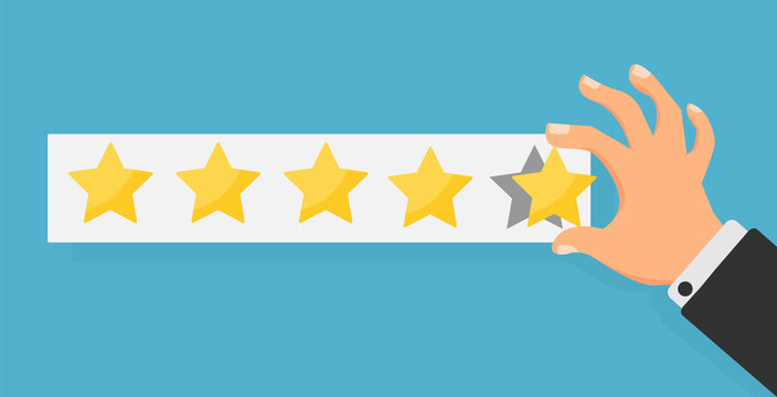 Hand putting five gold stars on blue background. Five stars quality rating icon. Feedbak stars. Hand giving five star rating. Customer review. Feedback concept. Vector stock.