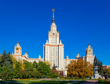 The Main building of Lomonosov Moscow State University on Sparrow Hills (autumn sunny day). It is the highest-ranking Russian educational institution. Russia