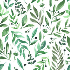 Fototapeta premium Seamless watercolor pattern with green plant branches on a white background