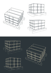 Plastic boxes on wooden pallets sketches Set