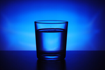 A glass with water at blue background