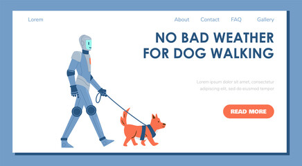 Webpage of home robot system helping to take care of pets, vector illustration.