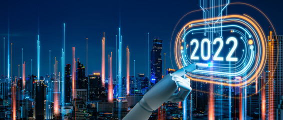 concept of new year 2022 Vision Technology and Modern city with wireless network connection.Robot...