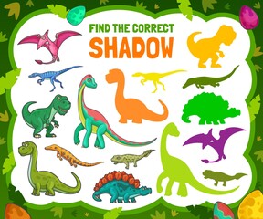 Find the correct shadow of cartoon dinosaurs. Vector kids game choose right dino silhouette, riddle with cute jurassic ages funny animals. Children educational worksheet, mind development puzzle task