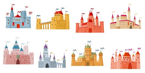 Medieval castle, palace and fortress with towers cartoon buildings. Isolated vector fairytale kingdom castles, palace, mansion, citadel or fort with flags, gates and turrets, bridges, defensive walls - obrazy, fototapety, plakaty