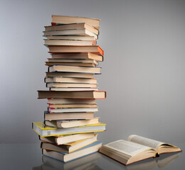 High stack of books on the table .