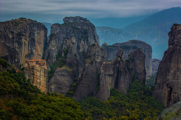 Fototapeta na wymiar aerial landscape gorgeous view of Meteora famous heritage place, Christian monastery in picturesque mountains and rocks