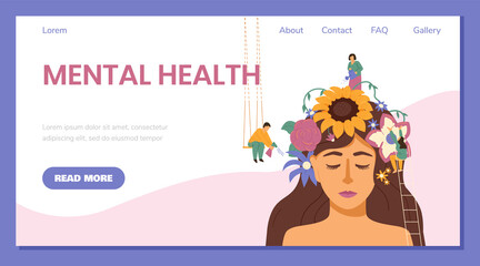 Mental health web banner template with female portrait flat vector illustration.