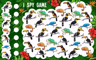 Kids I spy game, cartoon toucan and chameleons, vector find and match board game. Kids tabletop puzzle or I spy game with tropical birds and chameleon lizard in jungle palms and flowers