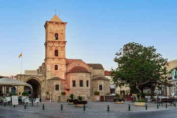 Morning in Larnaca Cyprus city center. Central square with Church of Saint Lazarus