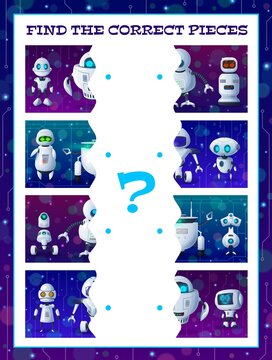 Find a piece of robot kids riddle game. Match the correct halves vector test with cartoon cyborgs, androids or ai bots. Riddle for children logic activity, educational task, mind development worksheet
