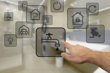 Smart home interface with button and icons providing water control from mobile app