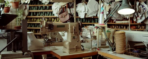 Zoom in shot of workplace with sewing machine and spools of thread in shoemakers workshop with no people inside