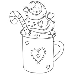 Dessert. cute cup with creamy airy dessert with straw and dusting decoration with hearts. Vector illustration. Linear hand drawing, outline