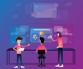 Flat design of digital technology,The group of programmer talking in front of computer in virtual world - vector