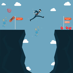 Flat design of business adaption,The businessman jumping over the ravine and faces the crisis - vector