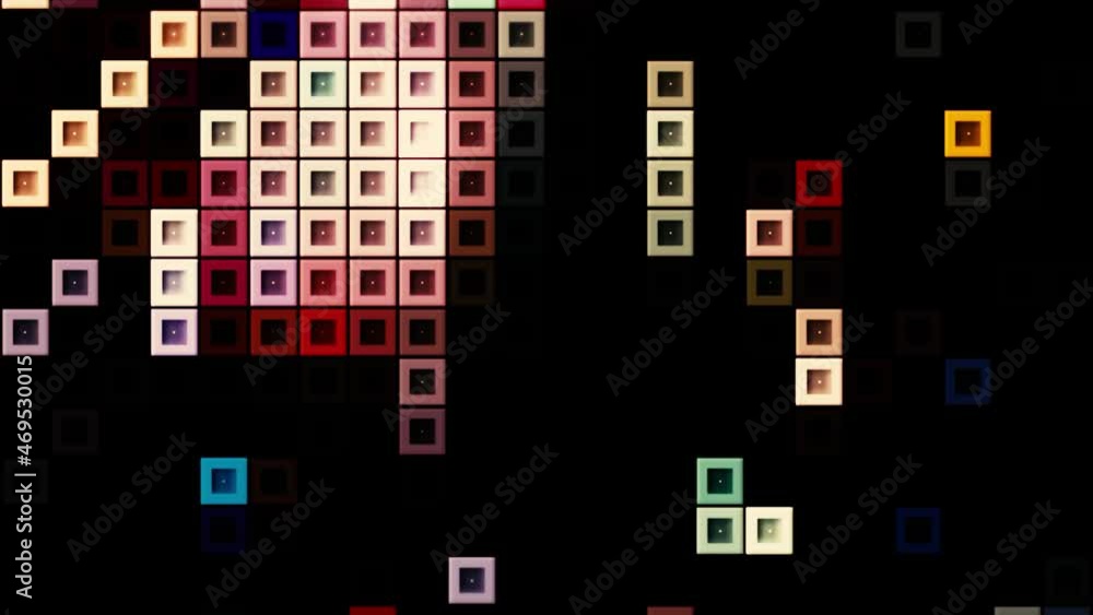 Poster abstract multicolored mosaic flashing loopable background. motion. randomly moving small silhouettes