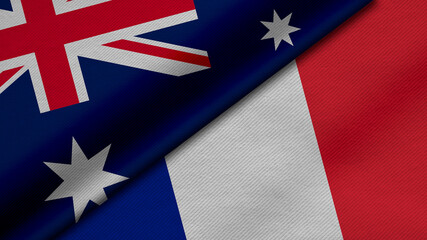 3D Rendering of two flags from Commonwealth of Australia and French Republic together with fabric texture, bilateral relations, peace and conflict between countries, great for background