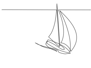Sailboat under full sail at sea. Sailing logo. Continuous one line drawing.