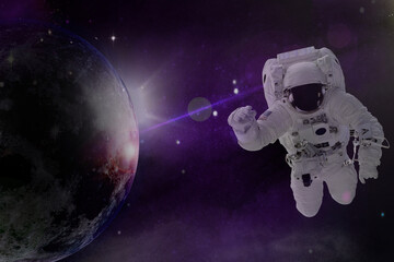 Obraz na płótnie Canvas Astronaut in outer space near Earth planet. Galaxy on the horizon. Abstract wallpaper. Elements of this image furnished by NASA